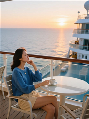 邮轮海景露台慵懒风美女摄影图片